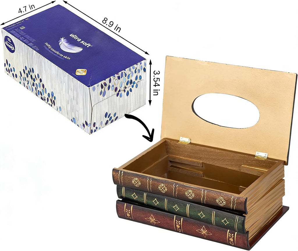 Retro Wooden Antique Book Tissue Box Cover Rectangular Home Library Decor mysite