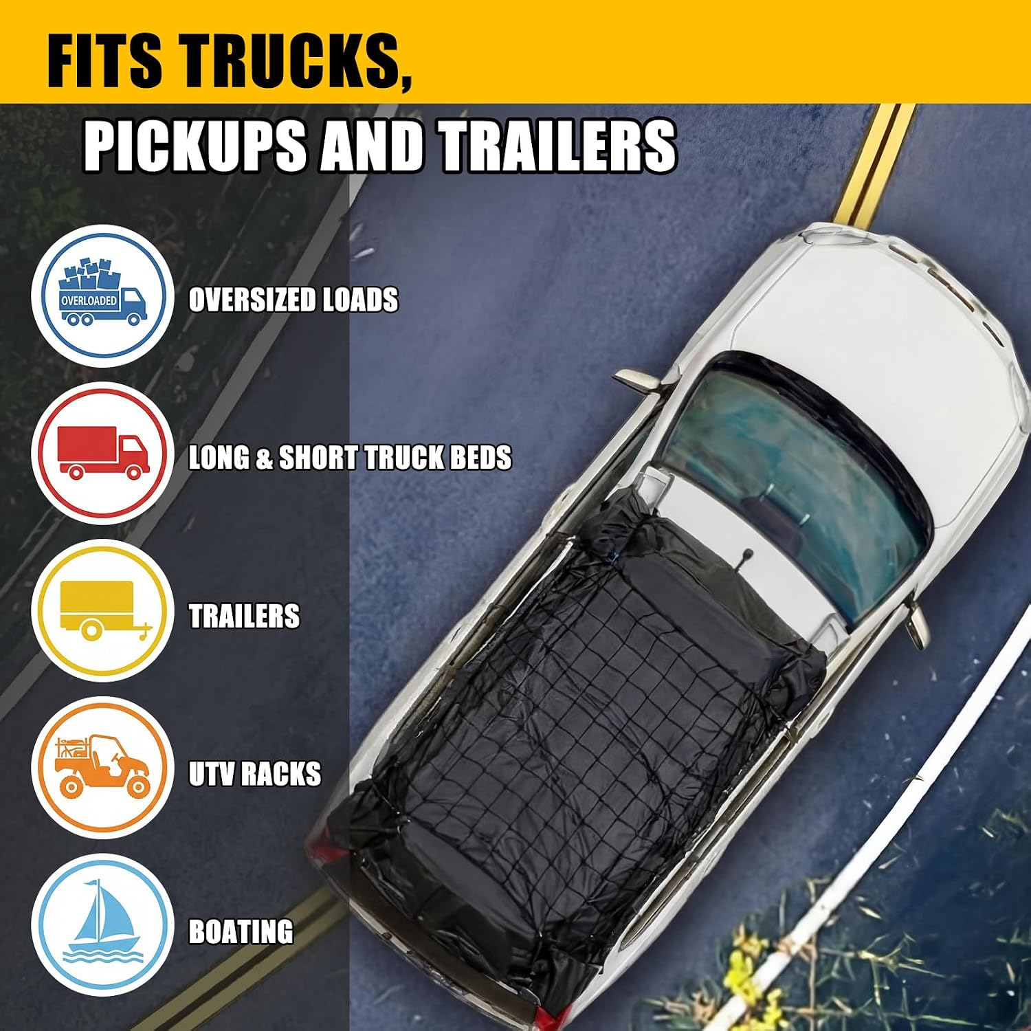 Oversized truck bed tarpaulin cargo netting, waterproof cargo cover and pickup truck cargo securing kit fyrasol