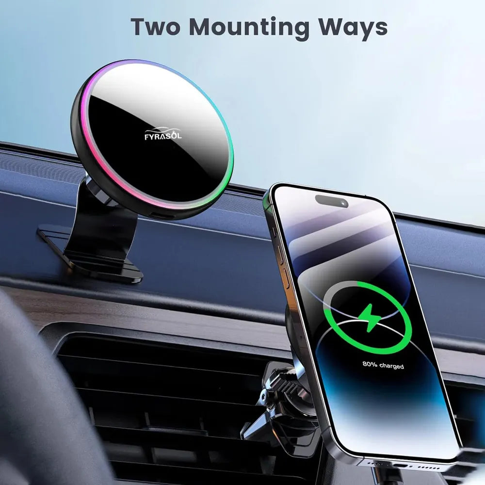 Magsafe Car Mount Charger-15W Wireless Car Charger-Magnetic Car Phone Holder for Dash Air Vent-LED RGB HandsFree Car Mount Fast Car Charger for iPhone 14/13/12 Series