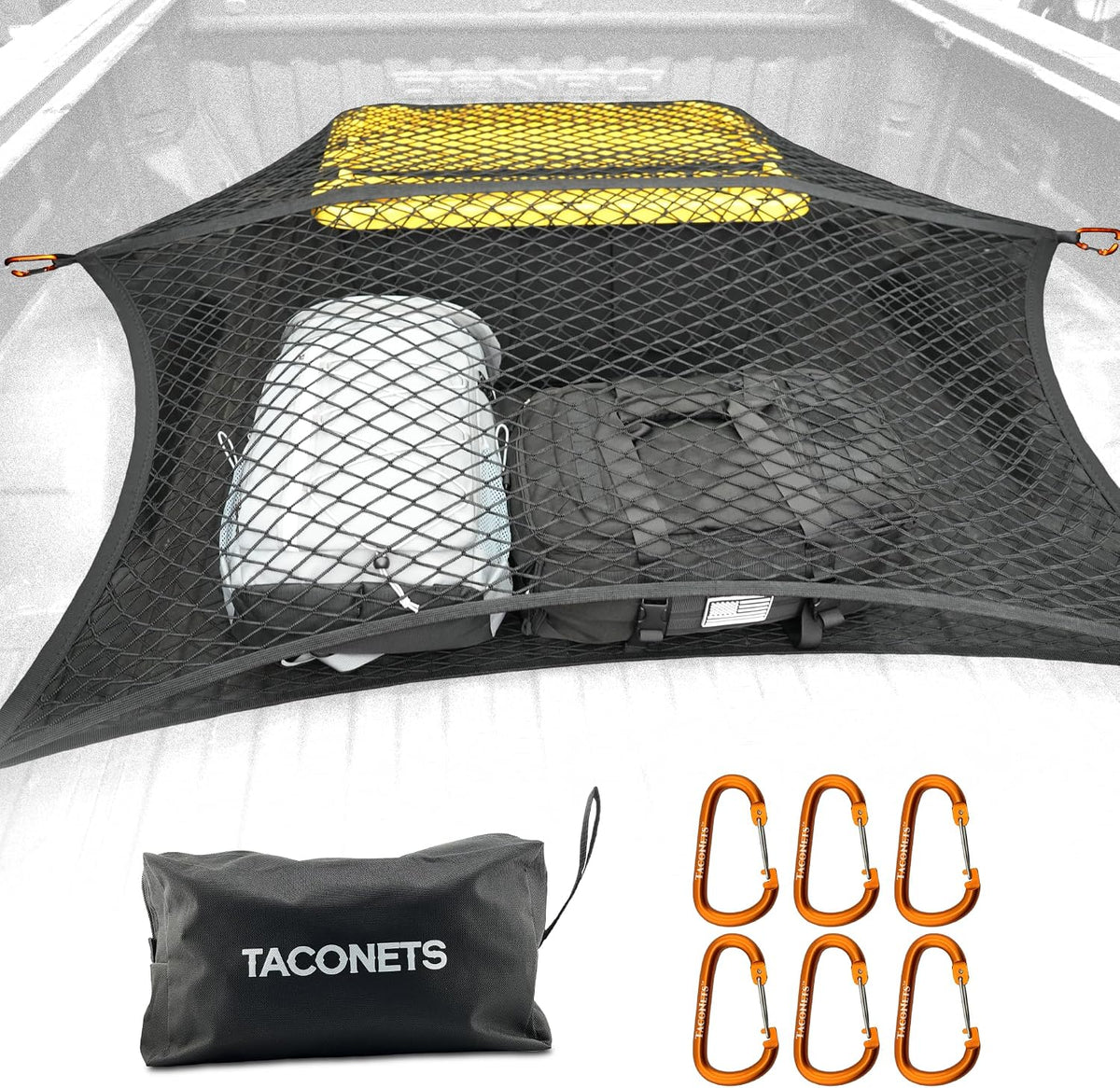 Upgraded Highly Elastic Truck Bed Cargo Net Organizer, 4'x4', USA | Simple elastic truck bed cargo mesh organizer for light loads. Heavy-duty carabiners. 4'x4'. USA company. mysite