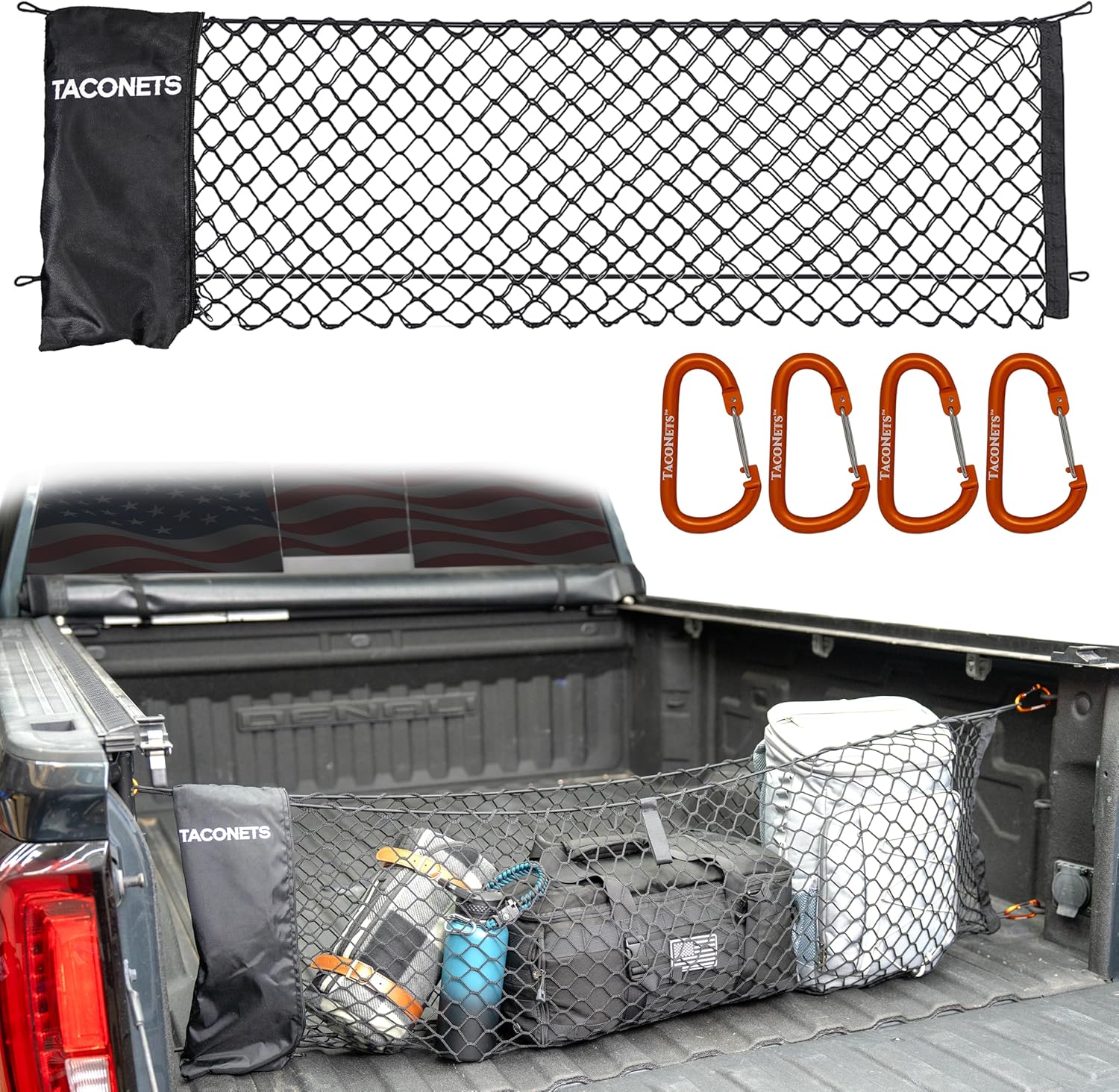 Envelope Cargo Net for GMC Sierra & Chevy Silverado - Fits 2013-Current - Upgraded 5mm Bungee - Integrated Storage Bag - Heavy Duty Carabiners - Designed in USA | Upgraded 5mm bungee, integrated storage bag, heavy-duty carabiners. Designed in USA. Fits 20 mysite