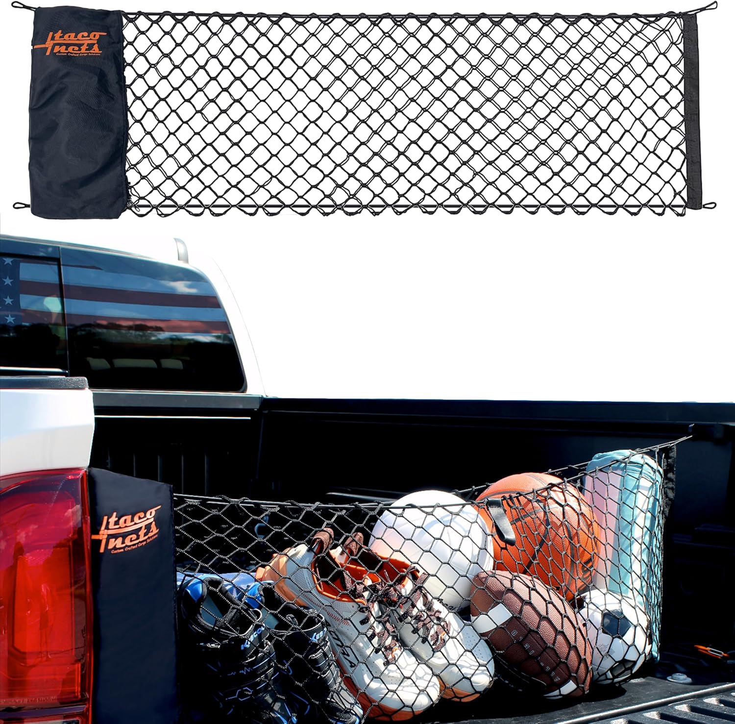 Envelope Cargo Net for GMC Sierra & Chevy Silverado - Fits 2013-Current - Upgraded 5mm Bungee - Integrated Storage Bag - Heavy Duty Carabiners - Designed in USA | Upgraded 5mm bungee, integrated storage bag, heavy-duty carabiners. Designed in USA. Fits 20 mysite