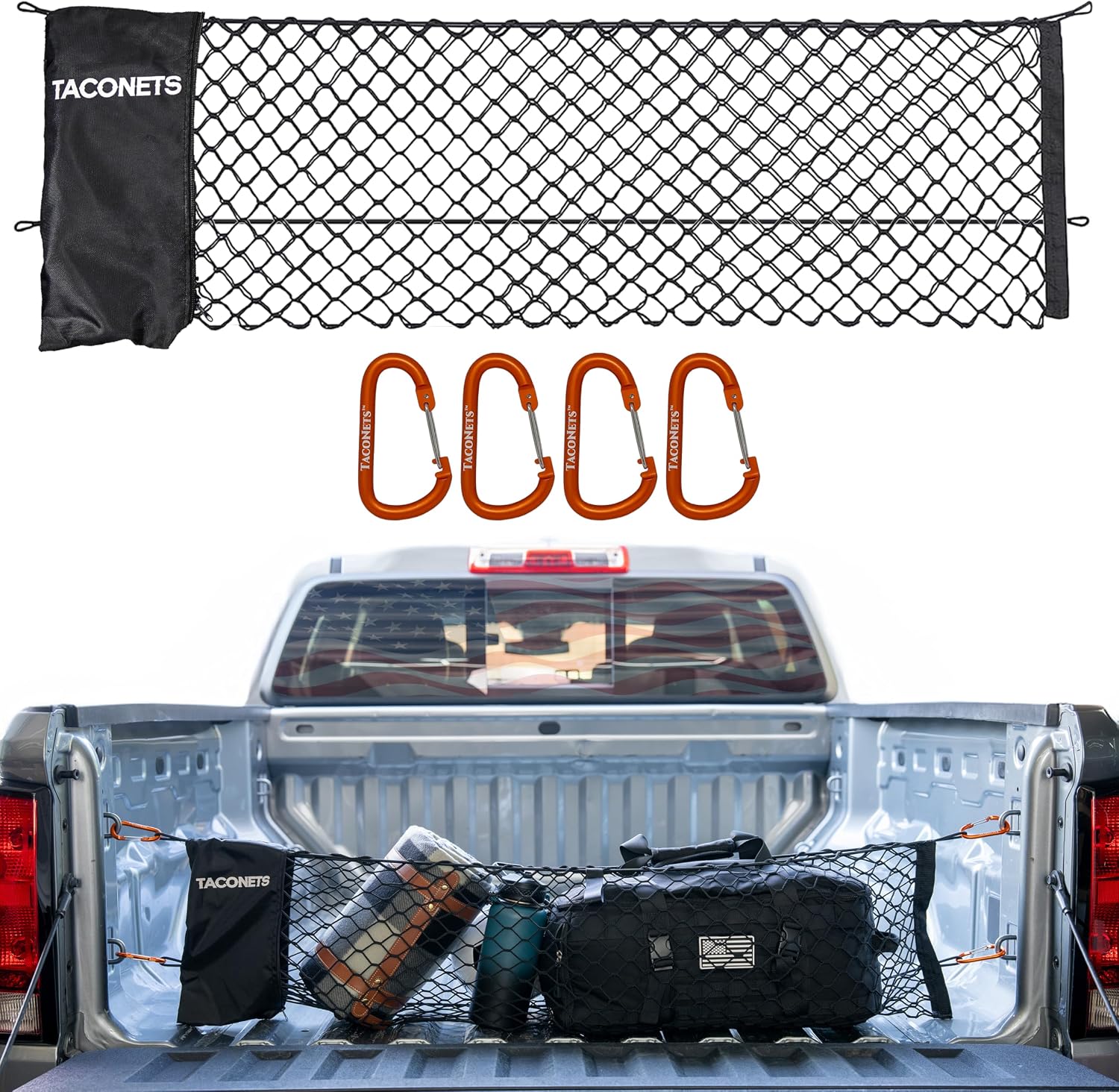 Envelope Cargo Net for GMC Sierra & Chevy Silverado - Fits 2013-Current - Upgraded 5mm Bungee - Integrated Storage Bag - Heavy Duty Carabiners - Designed in USA | Upgraded 5mm bungee, integrated storage bag, heavy-duty carabiners. Designed in USA. Fits 20 mysite