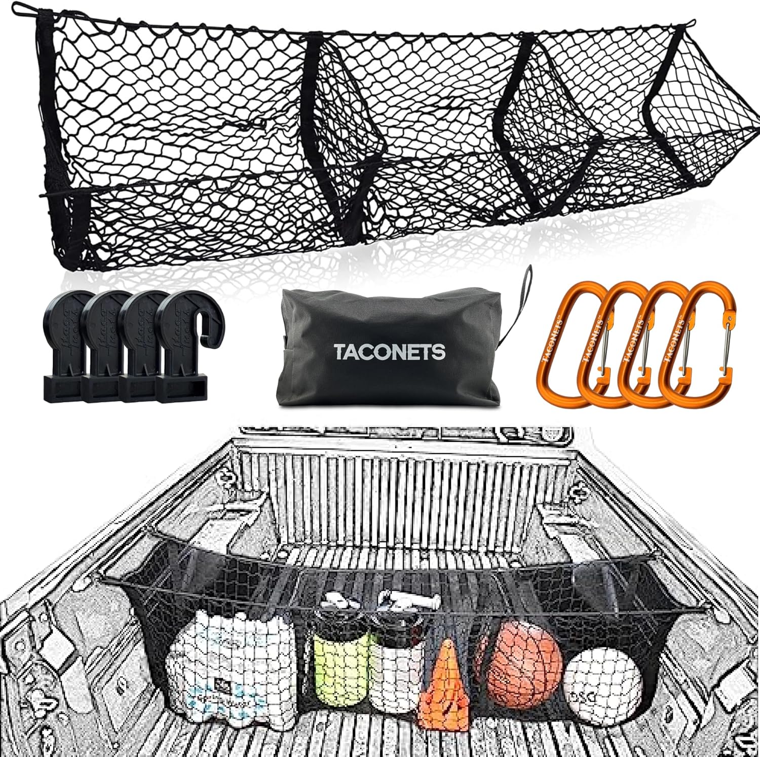 Three Pocket Cargo Net for 2005-2026 Toyota Tacoma - Patented Design - Premium Truck Bed Organizers & Storage - Grocery Holder - Designed in USA mysite