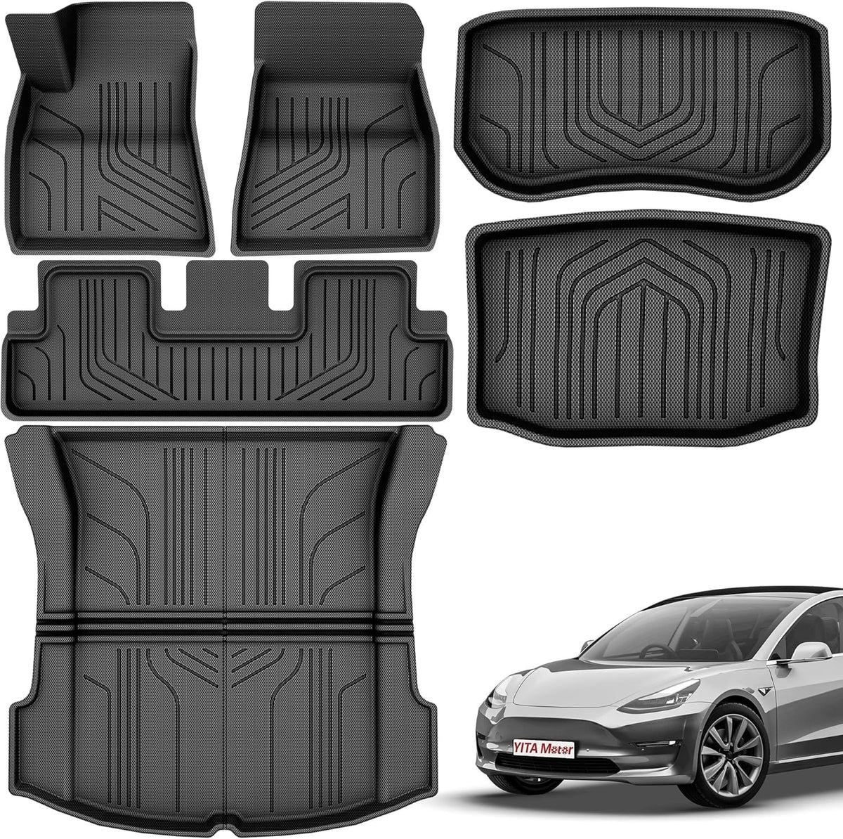 YITAMOTOR Tesla Model 3 Floor Mats Full Set Custom Fit 2020-2023 All-Weather Cargo Liners Rear Cargo Tray Trunk Floor Mat Interior Accessories, Black mysite