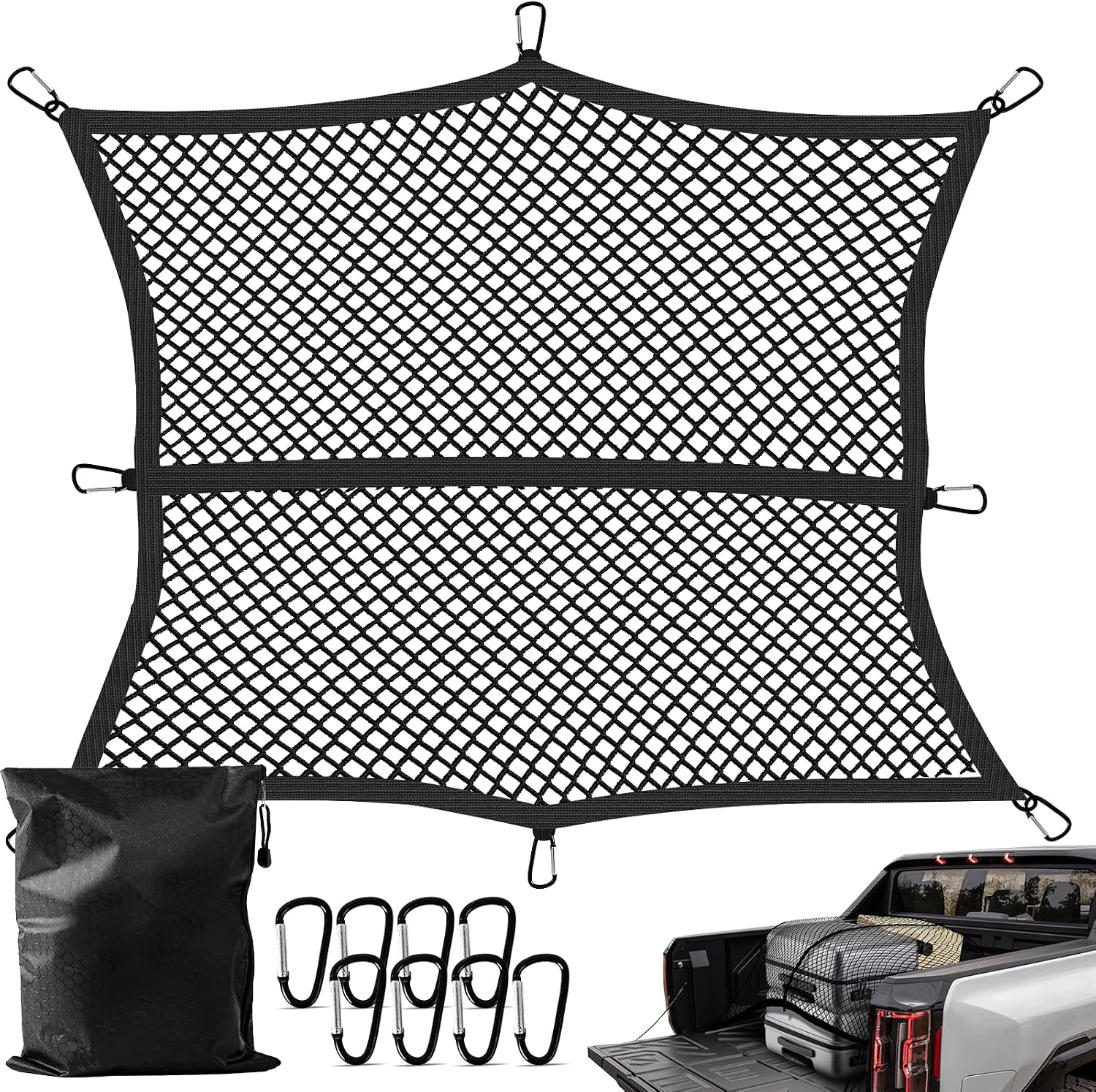 Truck Bed Cargo Net, Stretchable from 4'x4' to 7'x7',High Elastic Cargo Net with Storage Bag and 8 rustproof Buckles, Ideal for ATV, SUV, UTV, Truck and Boat Use, Black mysite
