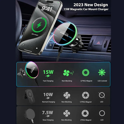 Magsafe Car Mount Charger-15W Wireless Car Charger-Magnetic Car Phone Holder for Dash Air Vent-LED RGB HandsFree Car Mount Fast Car Charger for iPhone 14/13/12 Series
