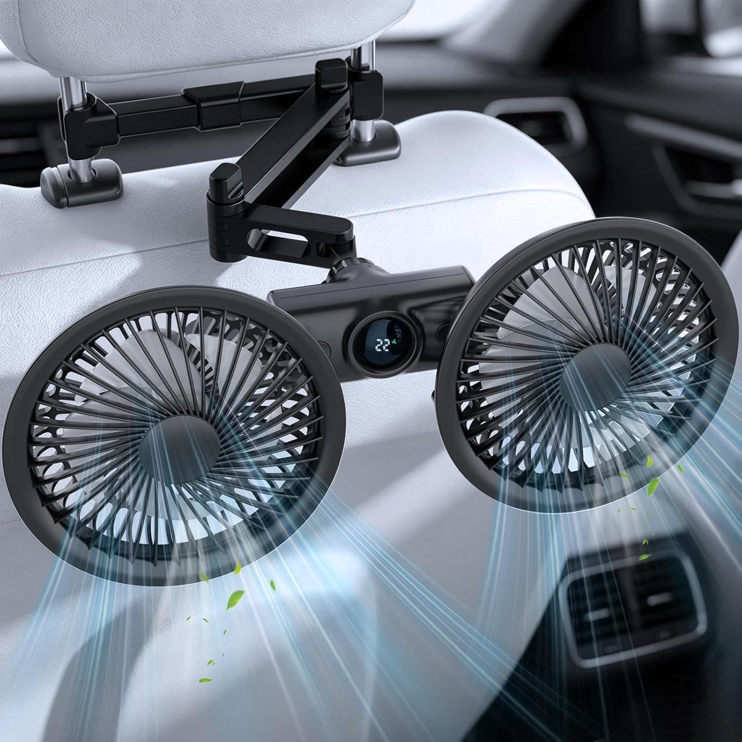 Car Fan for Backseat - 3 Speeds 360° Rotation Dual Head USB Back Seat Cooling Fan Kids Baby Quiet Fan with LED Display for Almost Vehicle Jeep Van RV Truck fyrasol