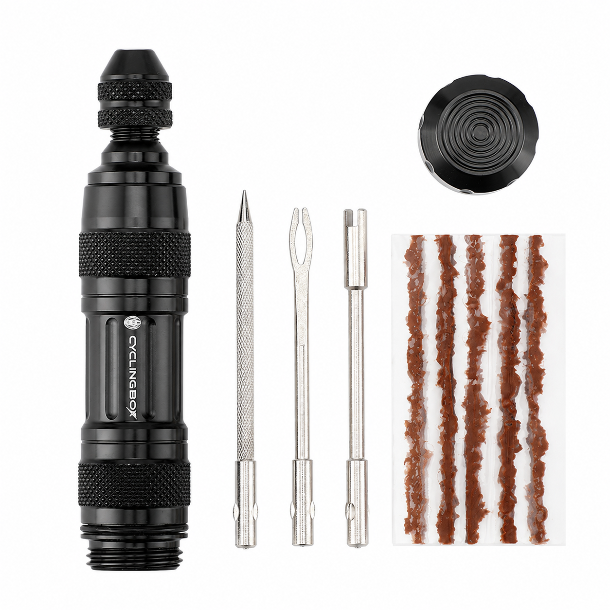 Portable Aluminum Alloy Tubeless Bike Tire Repair Kit with Plug Strips and 3-in-1 Puncture Tools fyrasol