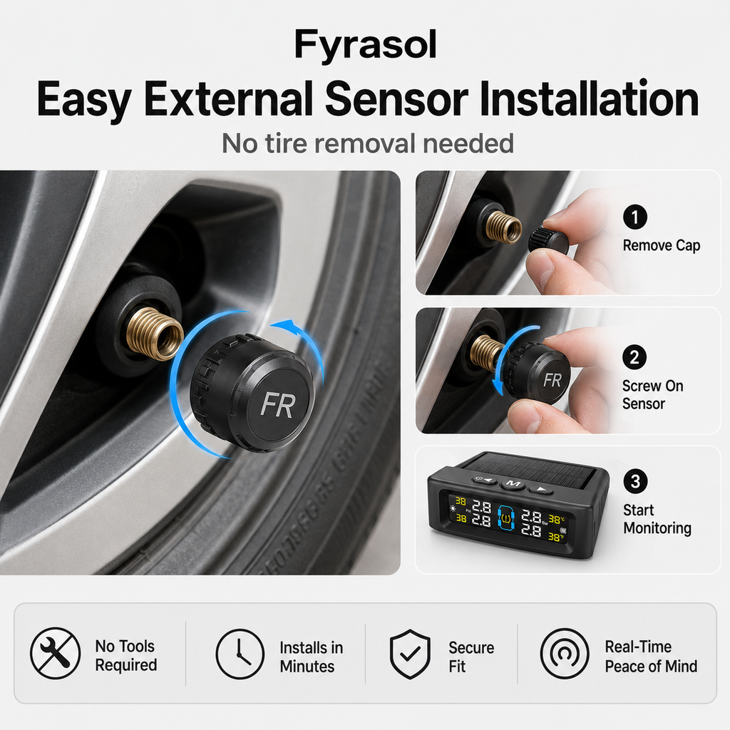 Tire Pressure Monitoring System - TPMS Tire Pressure Monitor System with Solar Charger, TPMS with 4 External sensors & 6 Alarm Modes, LCD Real-time Display, Auto Sleep Mode, Easy to Install fyrasol