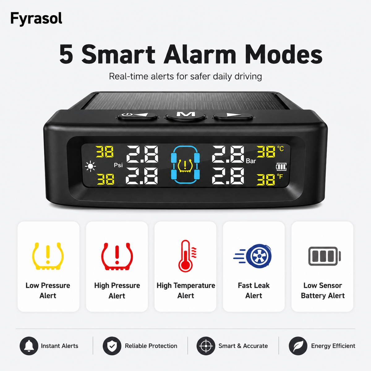 Tire Pressure Monitoring System - TPMS Tire Pressure Monitor System with Solar Charger, TPMS with 4 External sensors & 6 Alarm Modes, LCD Real-time Display, Auto Sleep Mode, Easy to Install fyrasol
