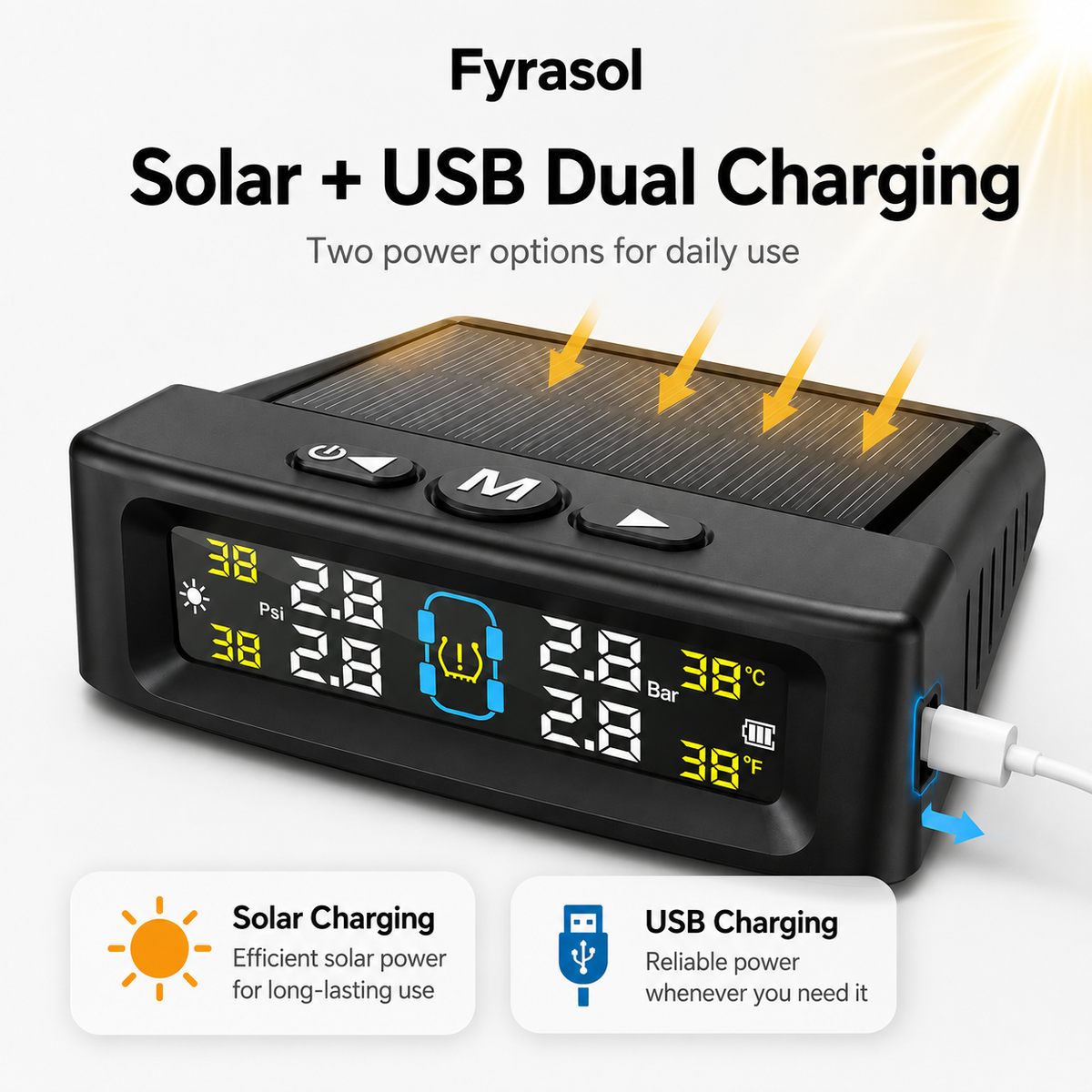 Tire Pressure Monitoring System - TPMS Tire Pressure Monitor System with Solar Charger, TPMS with 4 External sensors & 6 Alarm Modes, LCD Real-time Display, Auto Sleep Mode, Easy to Install fyrasol