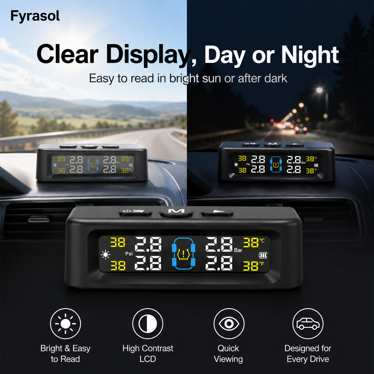 Tire Pressure Monitoring System - TPMS Tire Pressure Monitor System with Solar Charger, TPMS with 4 External sensors & 6 Alarm Modes, LCD Real-time Display, Auto Sleep Mode, Easy to Install fyrasol