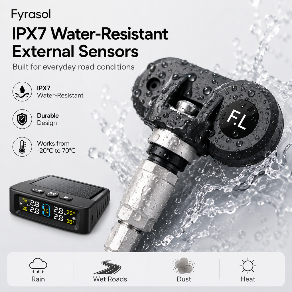 Tire Pressure Monitoring System - TPMS Tire Pressure Monitor System with Solar Charger, TPMS with 4 External sensors & 6 Alarm Modes, LCD Real-time Display, Auto Sleep Mode, Easy to Install fyrasol