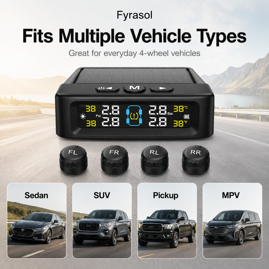 Tire Pressure Monitoring System - TPMS Tire Pressure Monitor System with Solar Charger, TPMS with 4 External sensors & 6 Alarm Modes, LCD Real-time Display, Auto Sleep Mode, Easy to Install fyrasol