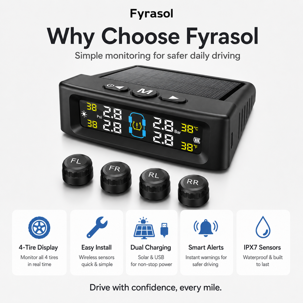 Tire Pressure Monitoring System - TPMS Tire Pressure Monitor System with Solar Charger, TPMS with 4 External sensors & 6 Alarm Modes, LCD Real-time Display, Auto Sleep Mode, Easy to Install fyrasol