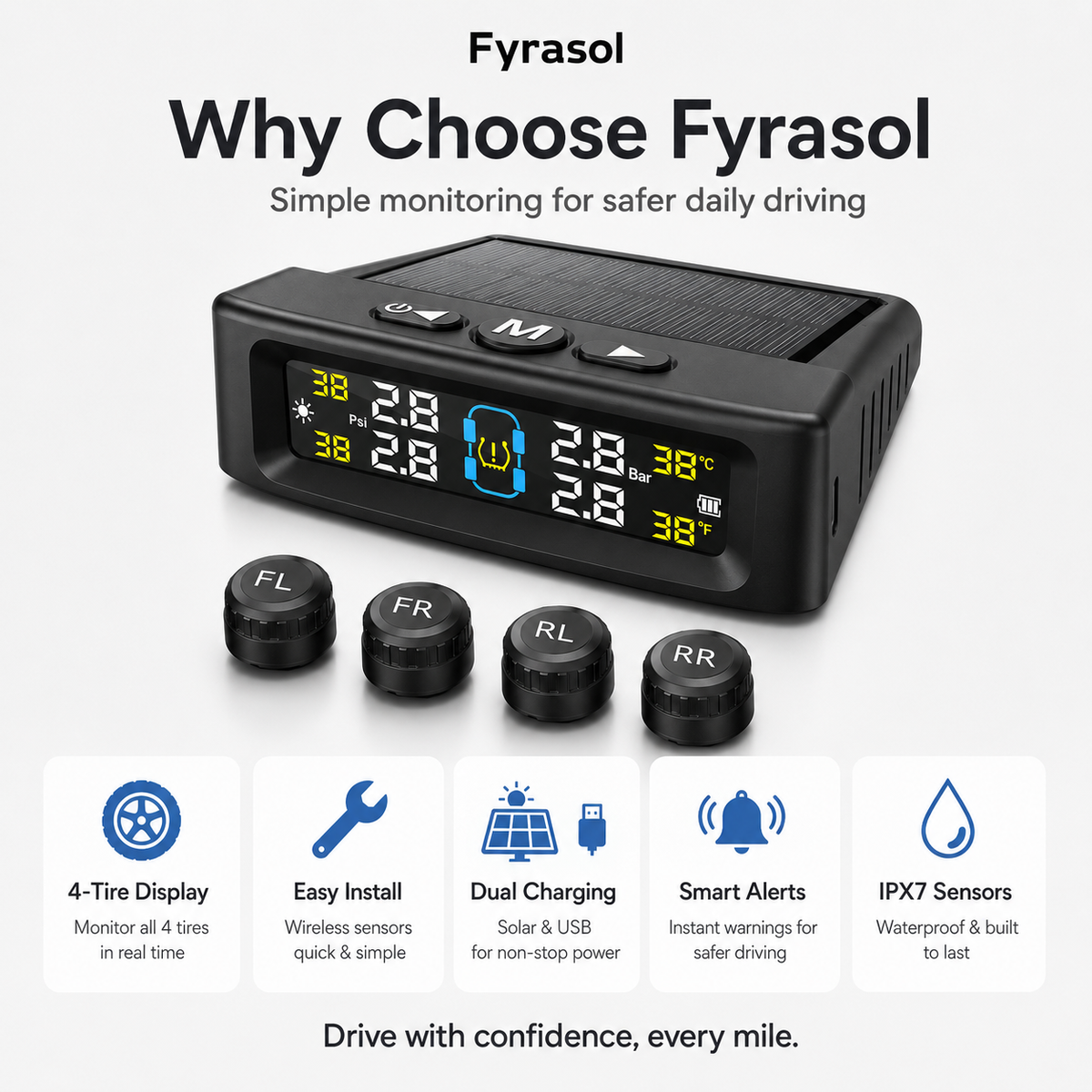 Tire Pressure Monitoring System - TPMS Tire Pressure Monitor System with Solar Charger, TPMS with 4 External sensors & 6 Alarm Modes, LCD Real-time Display, Auto Sleep Mode, Easy to Install fyrasol