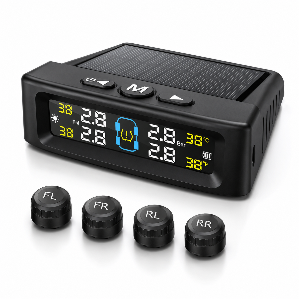 Tire Pressure Monitoring System - TPMS Tire Pressure Monitor System with Solar Charger, TPMS with 4 External sensors & 6 Alarm Modes, LCD Real-time Display, Auto Sleep Mode, Easy to Install fyrasol