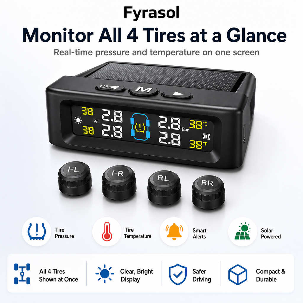 Tire Pressure Monitoring System - TPMS Tire Pressure Monitor System with Solar Charger, TPMS with 4 External sensors & 6 Alarm Modes, LCD Real-time Display, Auto Sleep Mode, Easy to Install fyrasol