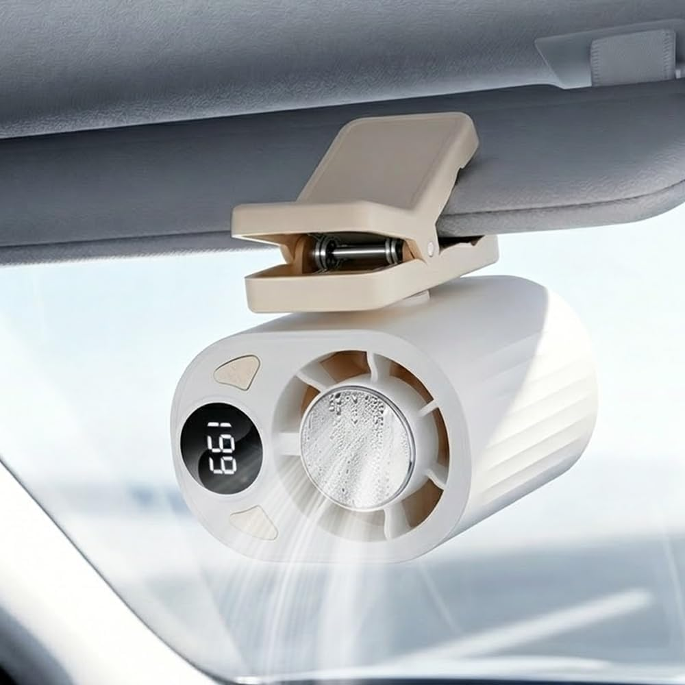 Hands-Free Personal Cooling Fan with LED Display, Upgraded Car Clip On Cooling Fan, Portable AC Fan with 360° Rotation for Car Visor & Roof Handles, Waist & Umbrella fyrasol