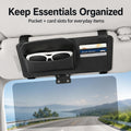 Car sun visor organizer with anti-glare panel, foldable glasses holder, card slots, magnetic pocket—interior storage accessory