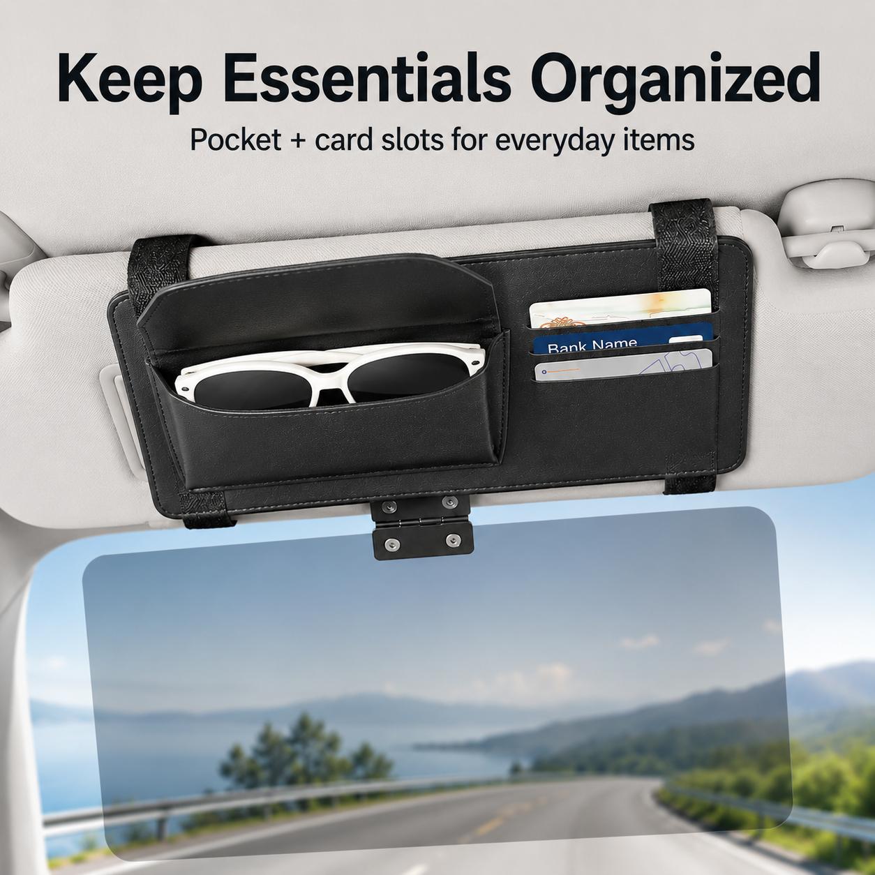 Car sun visor organizer with anti-glare panel, foldable glasses holder, card slots, magnetic pocket—interior storage accessory