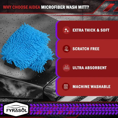Chenille Microfiber Car Cleaning Mitts 2-Pack - Safely Clean Car Paint, Powerfully Remove Dirt