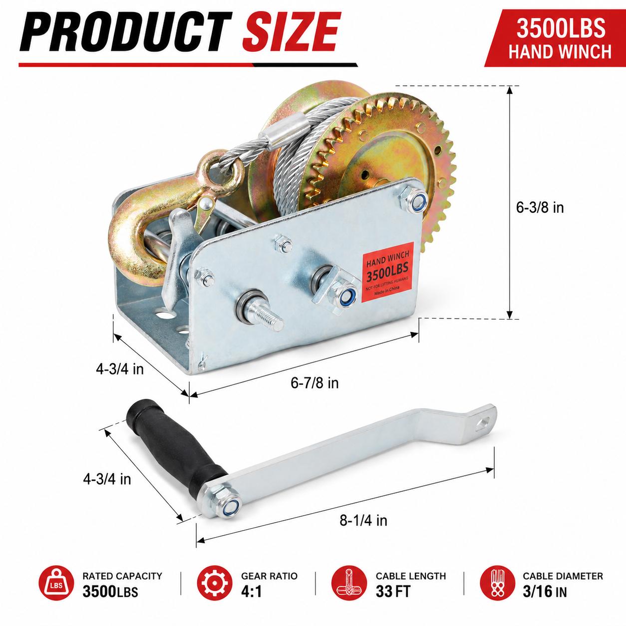 3500LBS Hand Winch with 32.8FT Steel Cable, Galvanized Shell Manual Hand Crank Winch with 4.1:2.4:1 Gear Ratio, Two-Way Ratchet Portable Winch for Trailer, Boat and ATV Towing