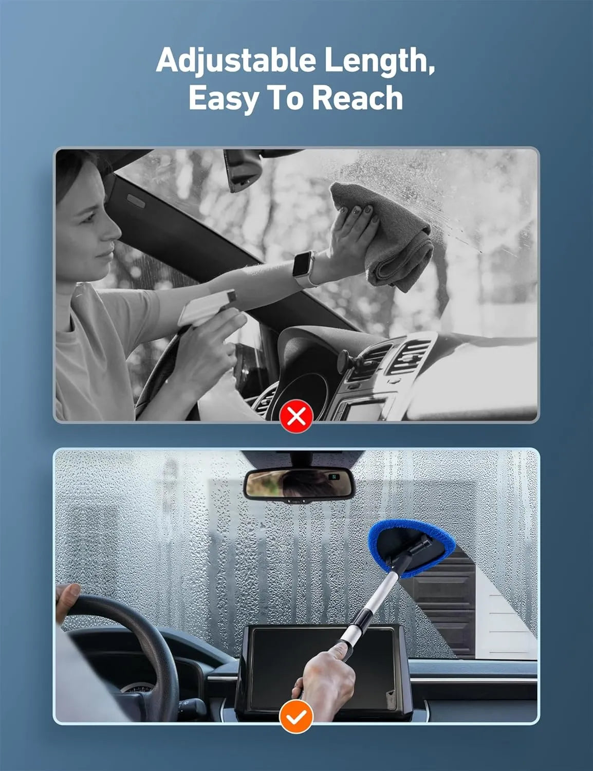 Extendable Windshield Cleaning Tool – Interior Glass Wiper Kit with 4 Microfiber Pads