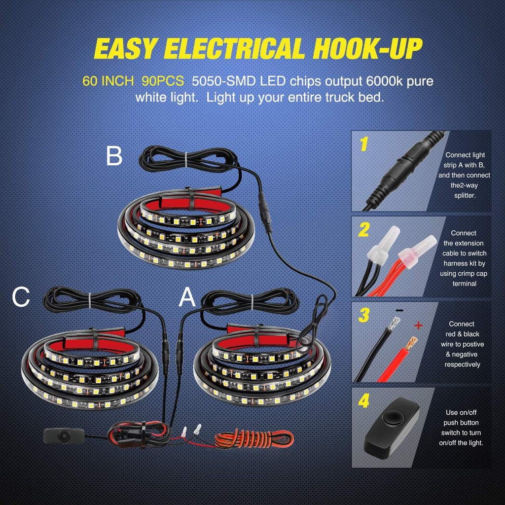 3PCS 60 Inch Truck Bed Light Kit 270 LEDs | Waterproof Cargo LED Light Strips with On/Off Switch fyrasol