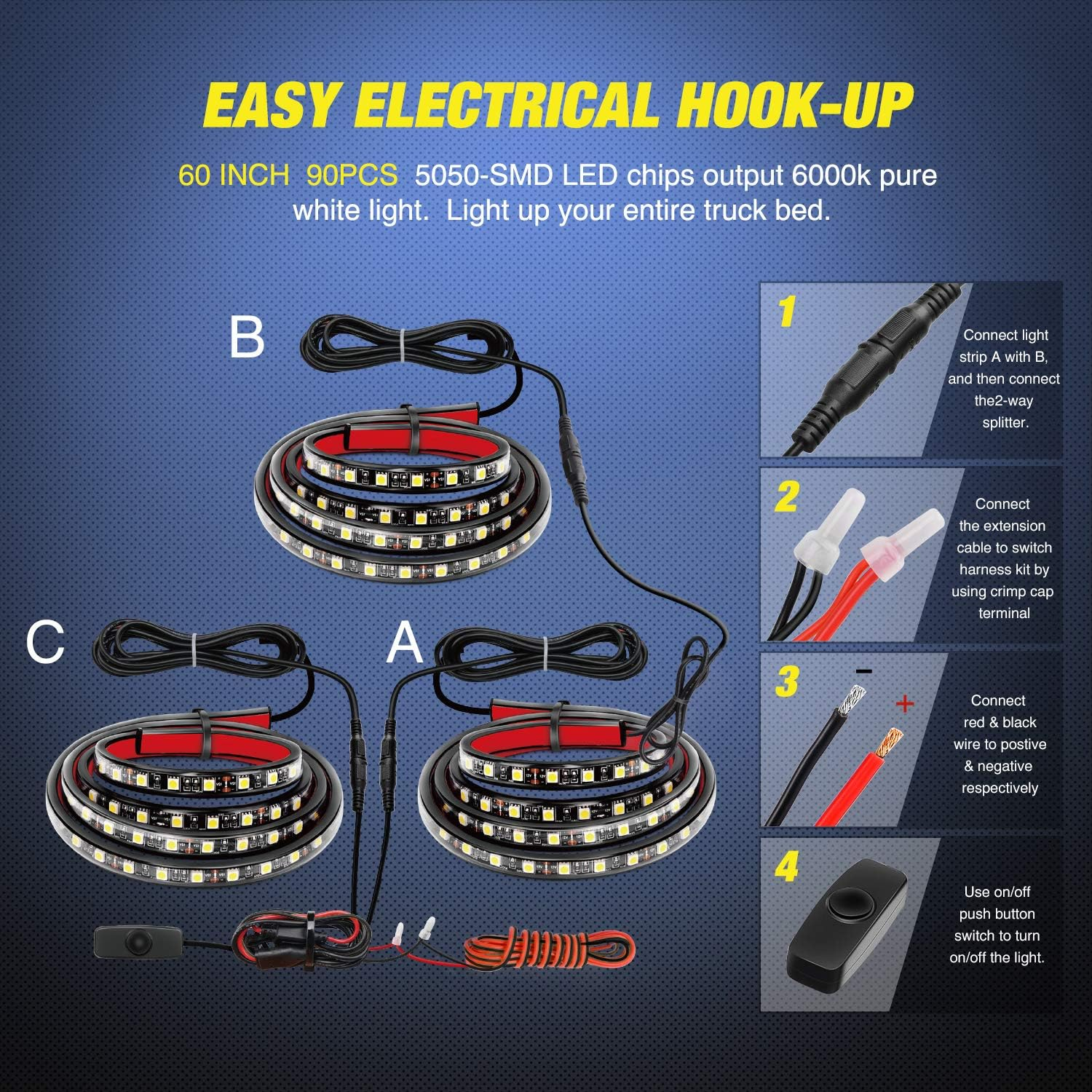 3PCS 60 Inch Truck Bed Light Kit 270 LEDs | Waterproof Cargo LED Light Strips with On/Off Switch fyrasol
