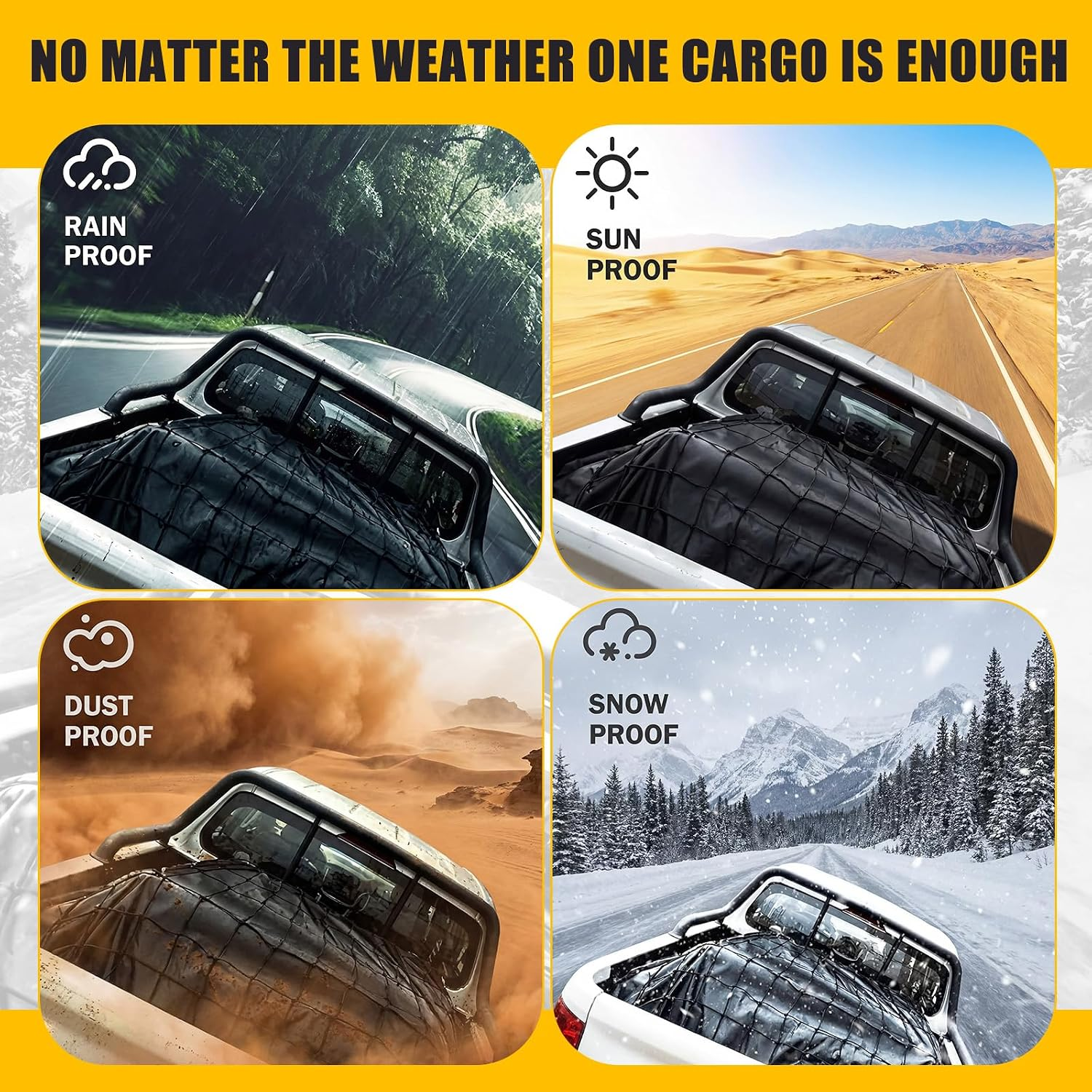 Oversized truck bed tarpaulin cargo netting, waterproof cargo cover and pickup truck cargo securing kit fyrasol