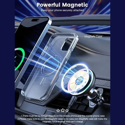 Magsafe Car Mount Charger-15W Wireless Car Charger-Magnetic Car Phone Holder for Dash Air Vent-LED RGB HandsFree Car Mount Fast Car Charger for iPhone 14/13/12 Series
