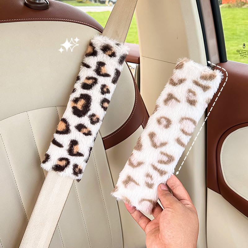 Fyrasol Faux Fur Leopard Print Car Seat Belt Cover Pads, Soft Shoulder Comfort Cushion, Universal Fit for Adults and Kids, 2 Pack