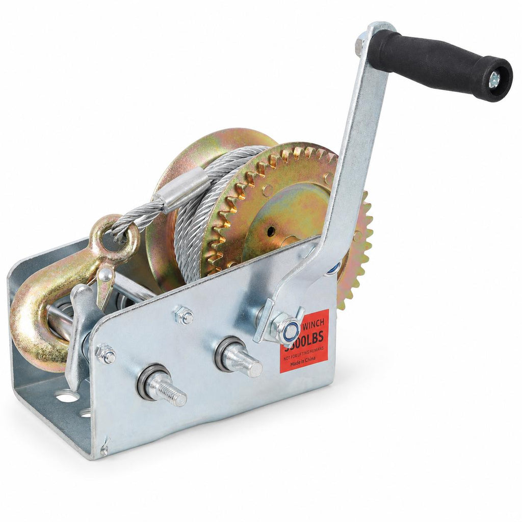 3500LBS Hand Winch with 32.8FT Steel Cable, Galvanized Shell Manual Hand Crank Winch with 4.1:2.4:1 Gear Ratio, Two-Way Ratchet Portable Winch for Trailer, Boat and ATV Towing