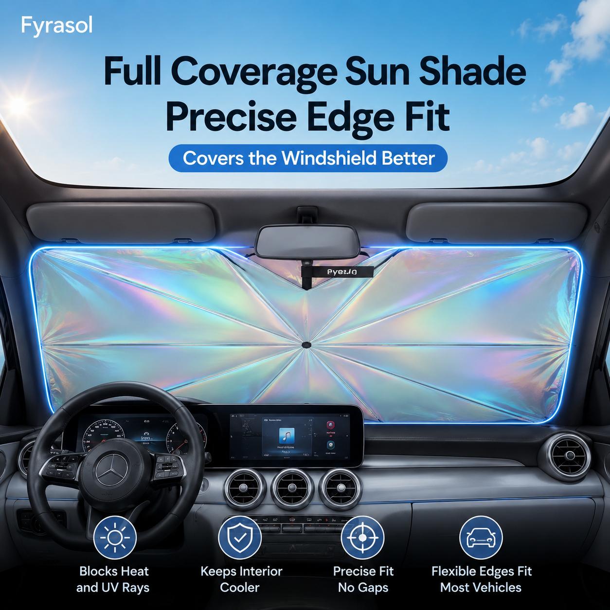 Car windshield sun shade umbrella, laser reflective foldable front window sunshade with curved rotating handle, UV heat insulation cover for cars, SUVs, and trucks