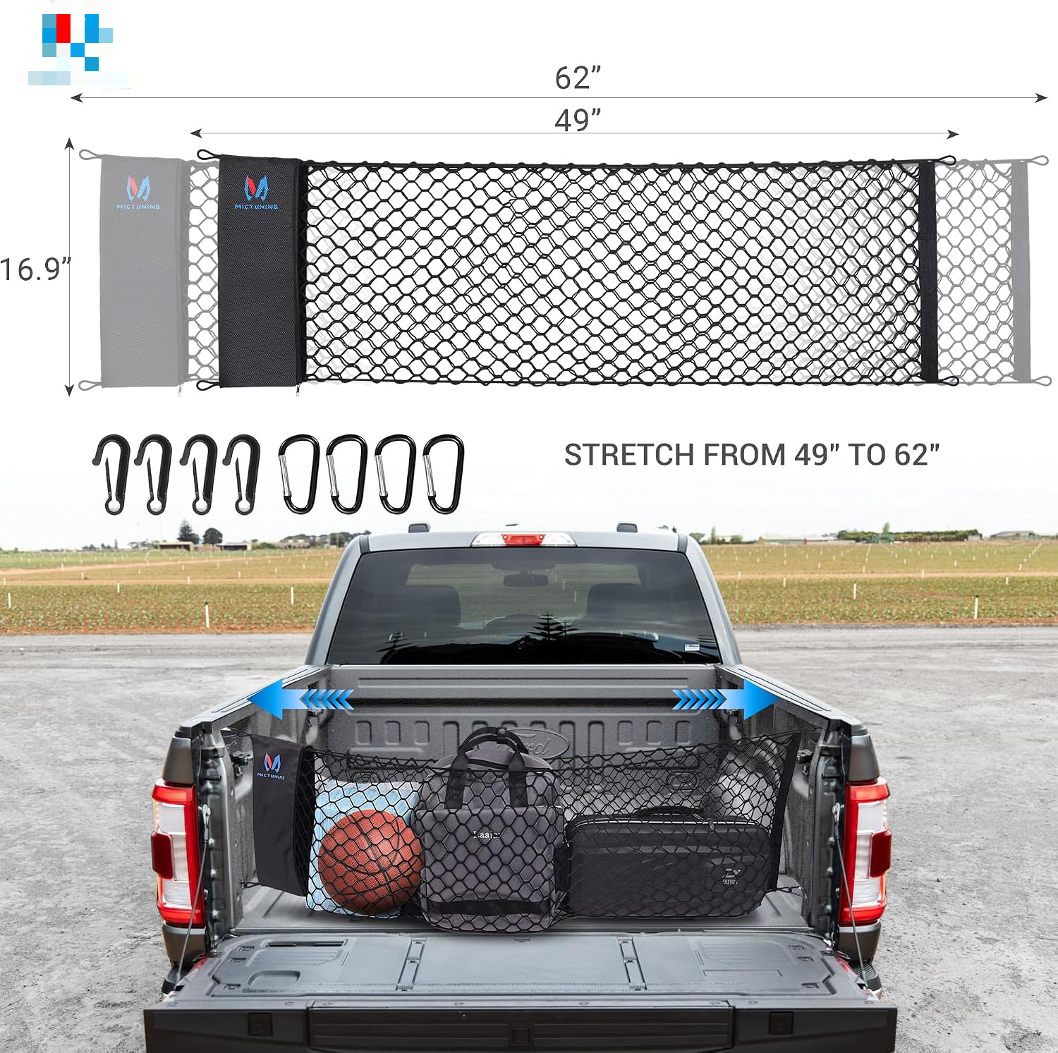 Truck bed net Flexible pickup bed net with 4 metal carabiners Chevrolet Silverado Ford truck fyrasol