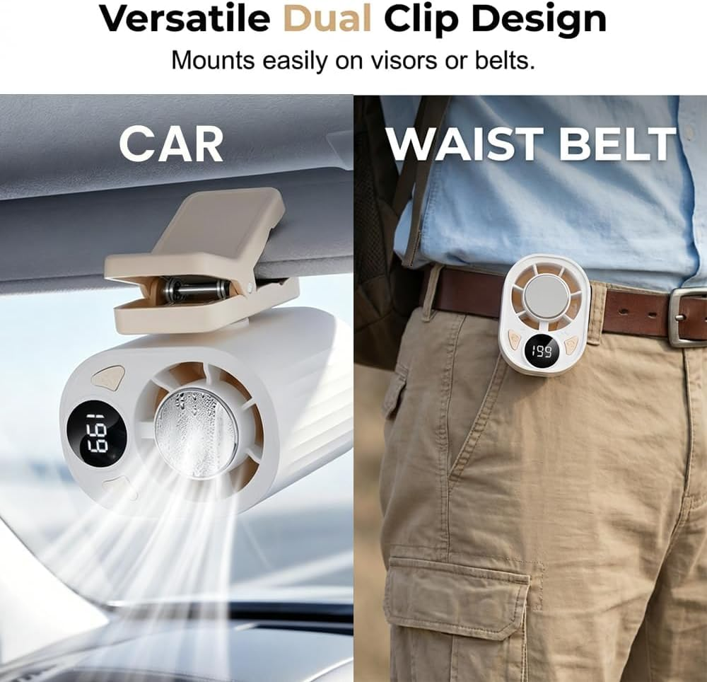 Hands-Free Personal Cooling Fan with LED Display, Upgraded Car Clip On Cooling Fan, Portable AC Fan with 360° Rotation for Car Visor & Roof Handles, Waist & Umbrella fyrasol