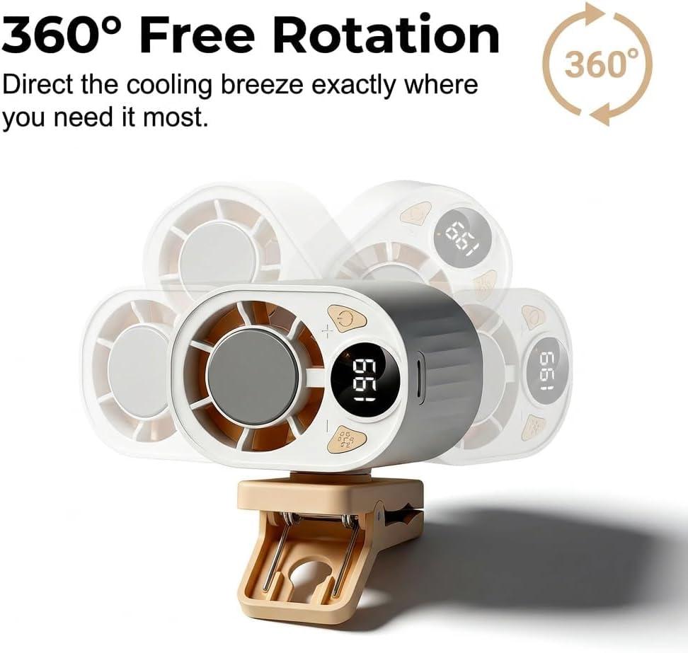 Hands-Free Personal Cooling Fan with LED Display, Upgraded Car Clip On Cooling Fan, Portable AC Fan with 360° Rotation for Car Visor & Roof Handles, Waist & Umbrella fyrasol