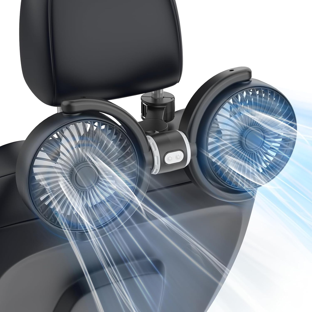 USB Car Cooling Fans for Backseat: Dual Head Car Fan for Kids 3 Speeds 360° Rotatable Vehicle Rear Headrest Fans 5V/2A Powerful Electric Air Circulation Fan for Sedan SUV RV Truck fyrasol