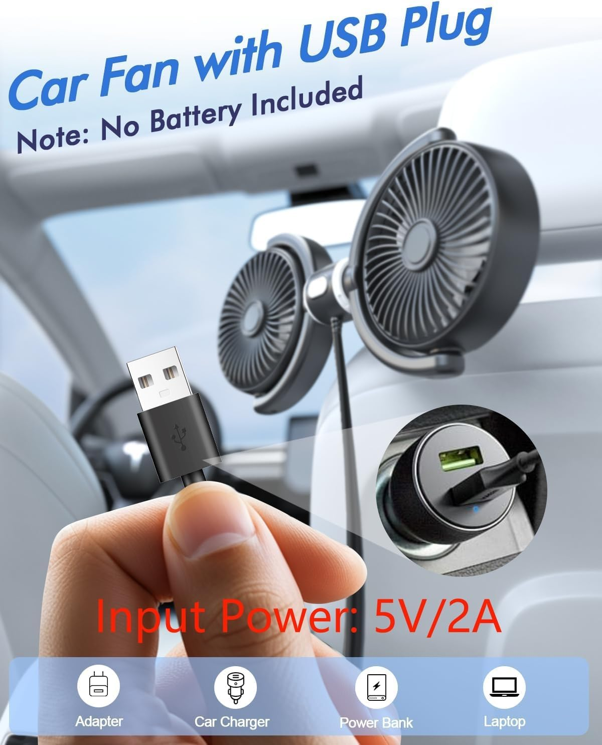 USB Car Cooling Fans for Backseat: Dual Head Car Fan for Kids 3 Speeds 360° Rotatable Vehicle Rear Headrest Fans 5V/2A Powerful Electric Air Circulation Fan for Sedan SUV RV Truck fyrasol