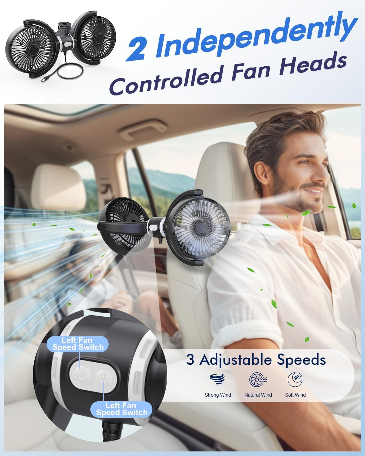 USB Car Cooling Fans for Backseat: Dual Head Car Fan for Kids 3 Speeds 360° Rotatable Vehicle Rear Headrest Fans 5V/2A Powerful Electric Air Circulation Fan for Sedan SUV RV Truck fyrasol