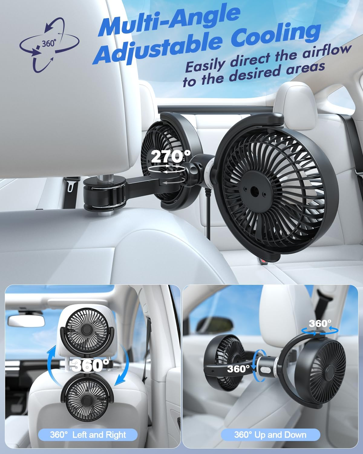 USB Car Cooling Fans for Backseat: Dual Head Car Fan for Kids 3 Speeds 360° Rotatable Vehicle Rear Headrest Fans 5V/2A Powerful Electric Air Circulation Fan for Sedan SUV RV Truck fyrasol