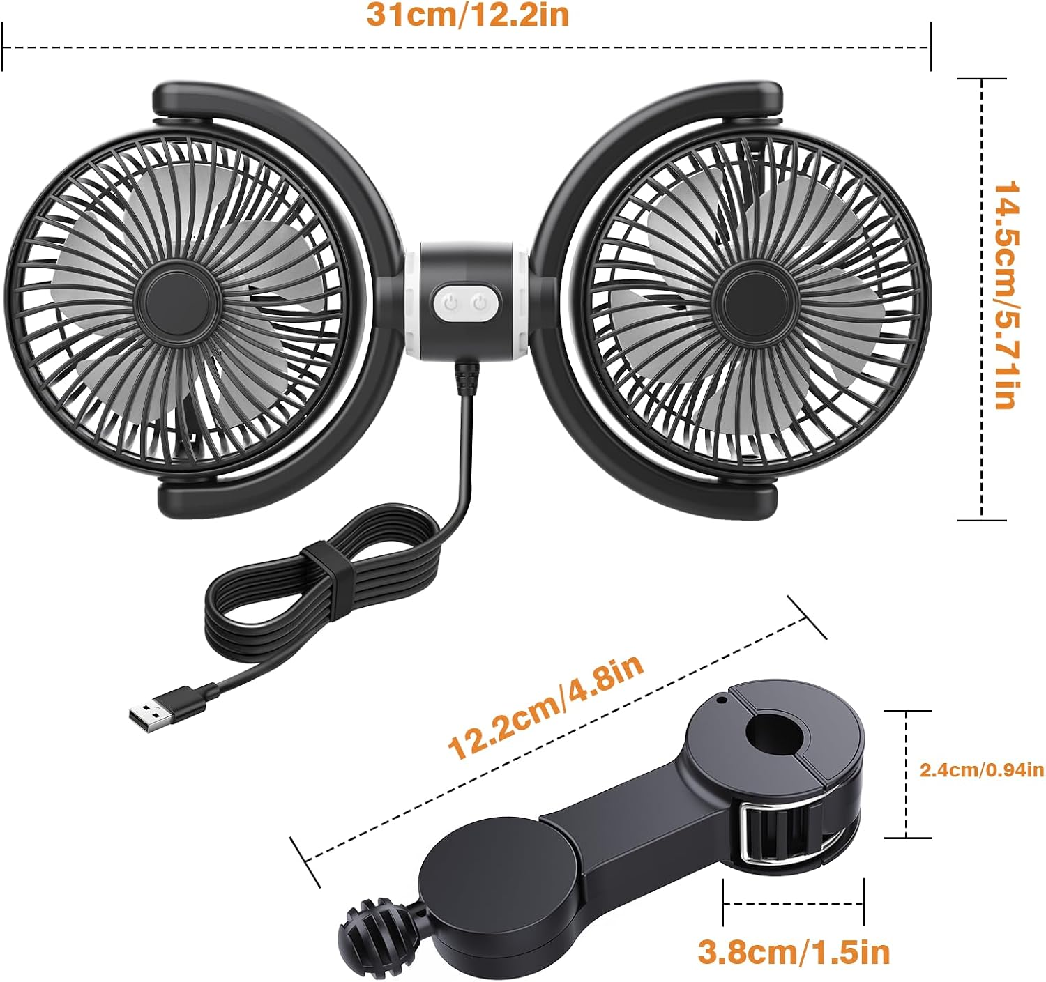 USB Car Cooling Fans for Backseat: Dual Head Car Fan for Kids 3 Speeds 360° Rotatable Vehicle Rear Headrest Fans 5V/2A Powerful Electric Air Circulation Fan for Sedan SUV RV Truck fyrasol