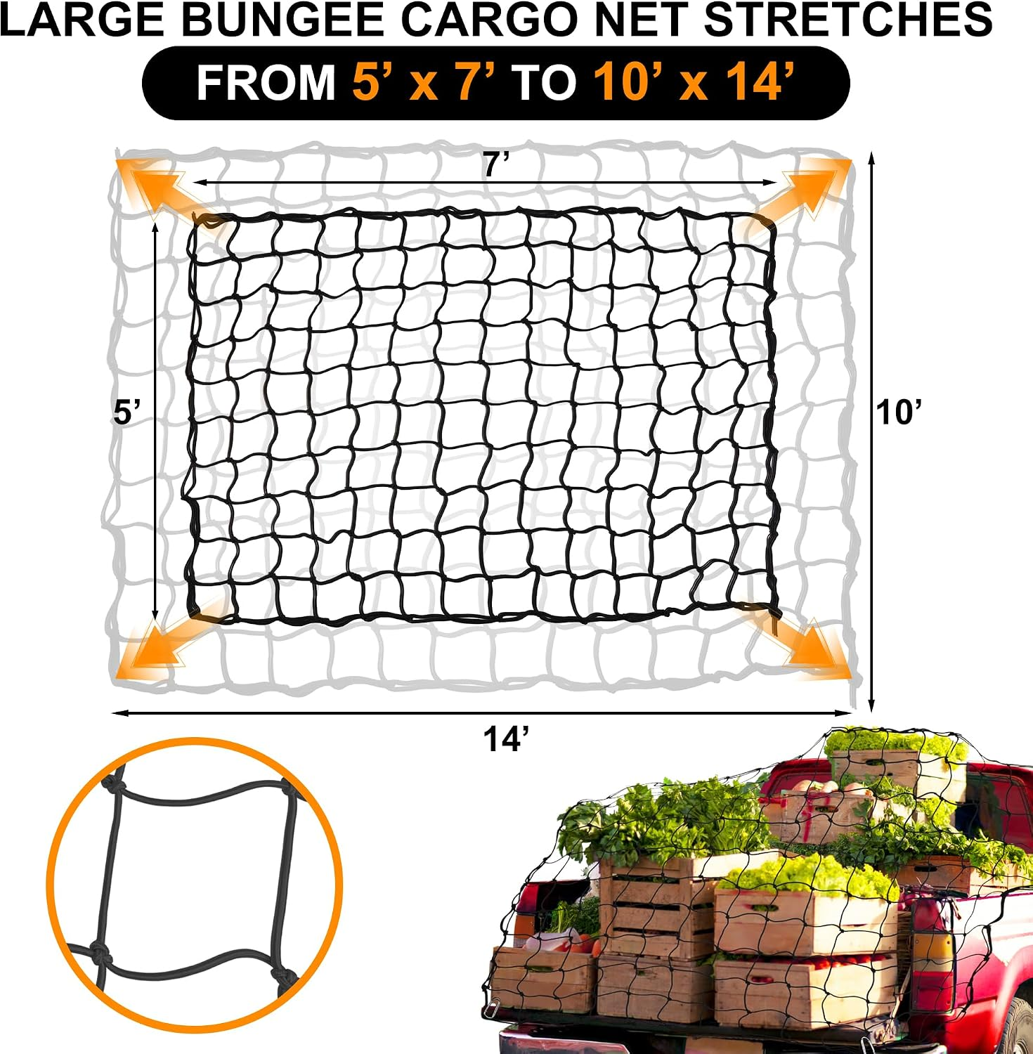 Large Cargo Net for Truck Bed Latex For Truck Bed/Pickup Bed/Trailer/Trunk/SUV/Roof Racks/Pool Floats/Lorry/Storage fyrasol