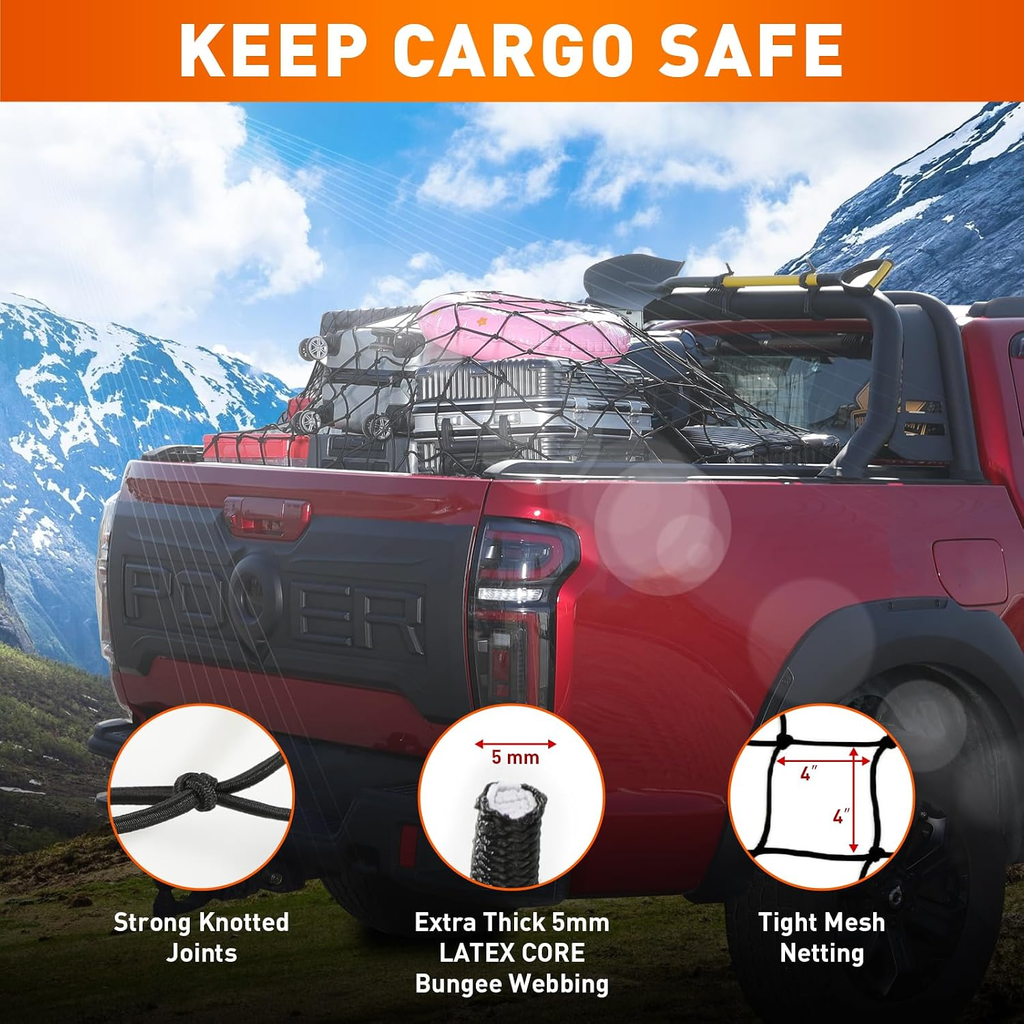 Heavy Duty Cargo Net for Pickup Truck Bed - 5' x 7' Stretches to 15' x 21' - Sturdy Latex Bungee Net Mesh fyrasol