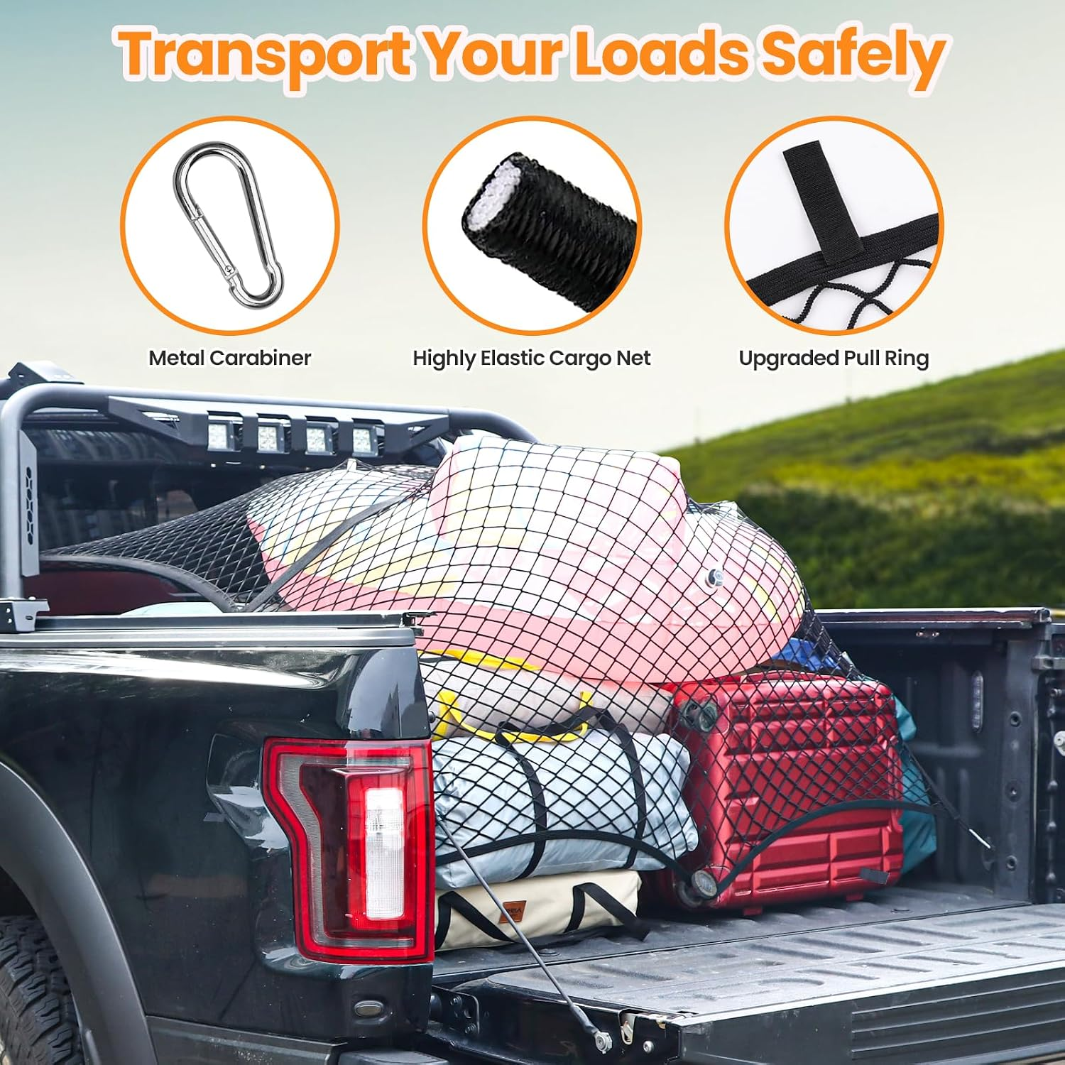 Elastic Truck Bed Net for F150 Tacoma Silverado Sierra RAM Cybertruck | Expands 4x4 to 7x7 ft fyrasol