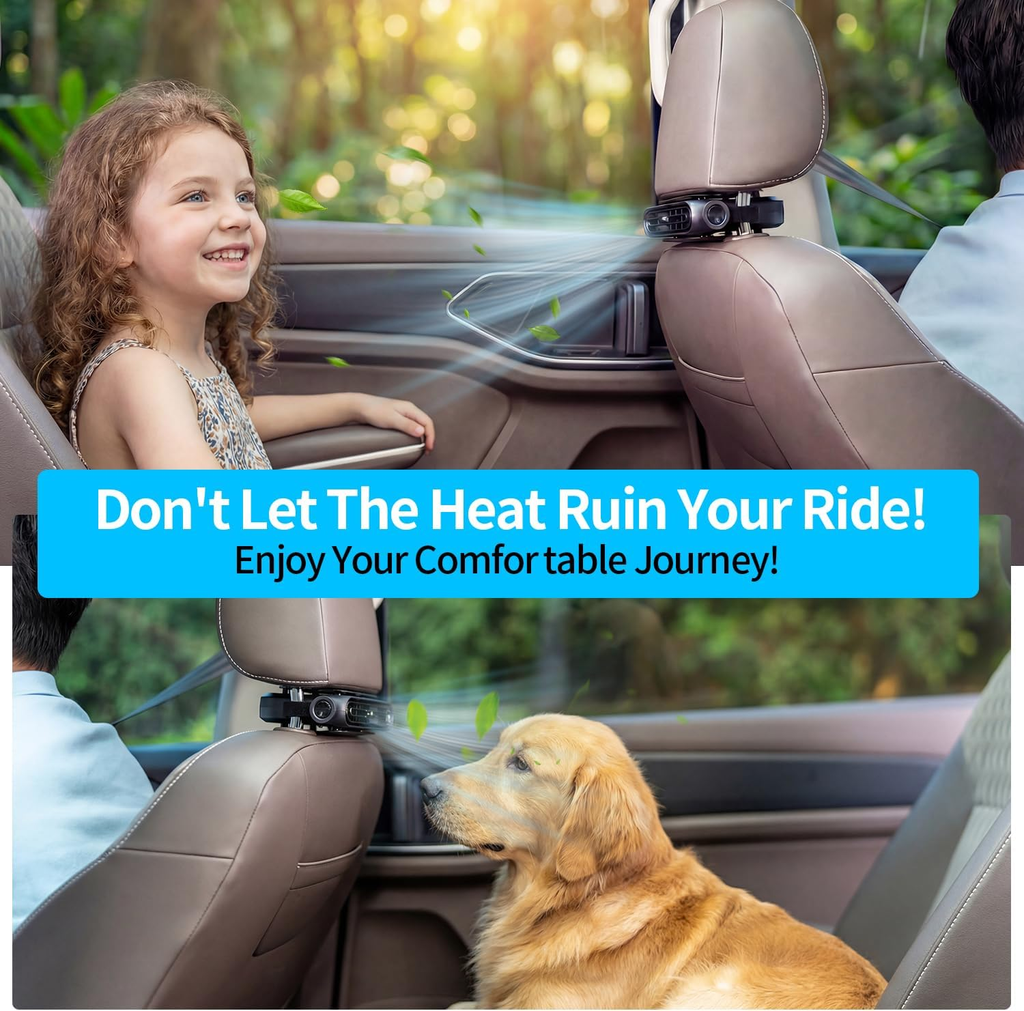 Car Fan for Backseat - 3 Speeds 360° Rotation Dual Head USB Back Seat Cooling Fan Kids Baby Quiet Fan with LED Display for Almost Vehicle Jeep Van RV Truck fyrasol