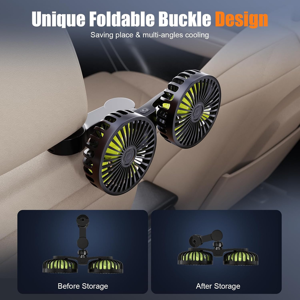 USB Car Cooling Fans for Backseat: Dual Head Car Fan for Kids 3 Speeds 360° Rotatable Vehicle Rear Headrest Fans 5V/2A Powerful Electric Air Circulation Fan for Sedan SUV RV Truck fyrasol