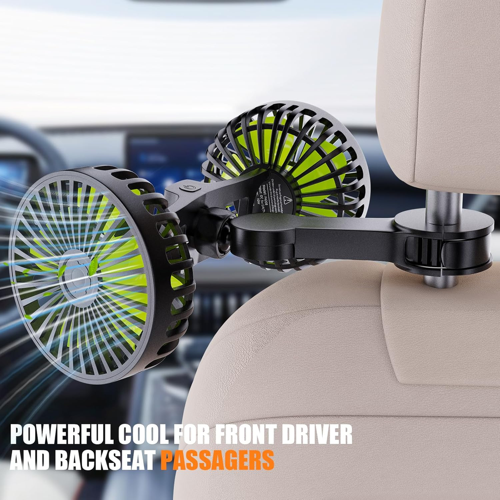 USB Car Cooling Fans for Backseat: Dual Head Car Fan for Kids 3 Speeds 360° Rotatable Vehicle Rear Headrest Fans 5V/2A Powerful Electric Air Circulation Fan for Sedan SUV RV Truck fyrasol